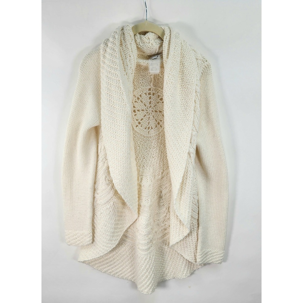 BEBE Knit Duster Women's M Ivory Open Hood Crochet Wool Blend Boho Y2K